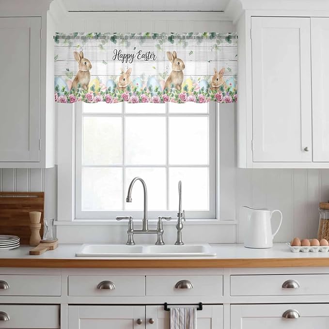 Easter Sheer Valances for Windows 42"x18", Light Filtering Kitchen Curtains Valance, Spring Watercolor Bunny Eggs Flower Leaf Wooden Grey Rod Pocket Chiffon Curtains for Living Room Bedroom Cafe