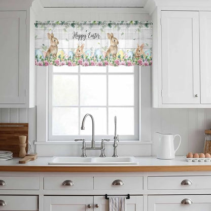 Easter Sheer Valances for Windows 42"x18", Light Filtering Kitchen Curtains Valance, Spring Watercolor Bunny Eggs Flower Leaf Wooden Grey Rod Pocket Chiffon Curtains for Living Room Bedroom Cafe