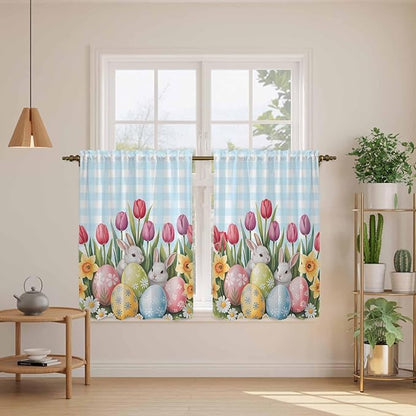 Easter Kitchen Curtains 54 Inch Long 2 Panel Set,Rod Pocket Window Curtains Panels,Spring Bunny Colorful Eggs Tulip Flowers Blue Check Light Filtering Drapery Draperies for Bathroom 52"W x 54"L