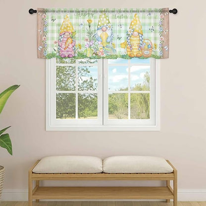 Easter Sheer Valances for Windows 54"x18", Light Filtering Kitchen Curtains Valance, Gnomes Flowers Duck Eggs Green Lattice Wooden Rod Pocket Chiffon Curtains for Living Room Bedroom Cafe