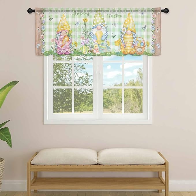 Easter Sheer Valances for Windows 60"x18", Light Filtering Kitchen Curtains Valance, Gnomes Flowers Duck Eggs Green Lattice Wooden Rod Pocket Chiffon Curtains for Living Room Bedroom Cafe