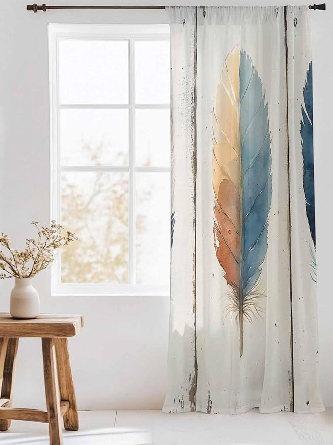 Sheer Curtains 108 Inches Long, Blue Brown Feathers Semi Sheer Curtains Light Filtering Window Treatment, Boho Ombre Vintage Wooden Grain Privacy Voile Drapes for Living Room Bedroom 52x108 Inch