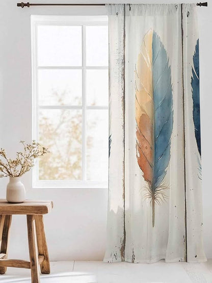 Sheer Curtains 84 Inches Long, Blue Brown Feathers Semi Sheer Curtains Light Filtering Window Treatment, Boho Ombre Vintage Wooden Grain Privacy Voile Drapes for Living Room Bedroom 52x84 Inch
