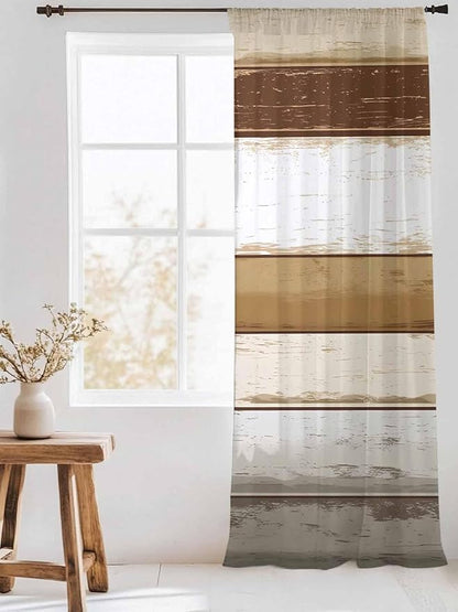Sheer Curtains 84 Inches Long, Brown Wood Grain Semi Sheer Curtains Light Filtering Window Treatment, Vintage Country Geometric Striped Privacy Voile Drapes for Living Room Bedroom 52x84 Inch