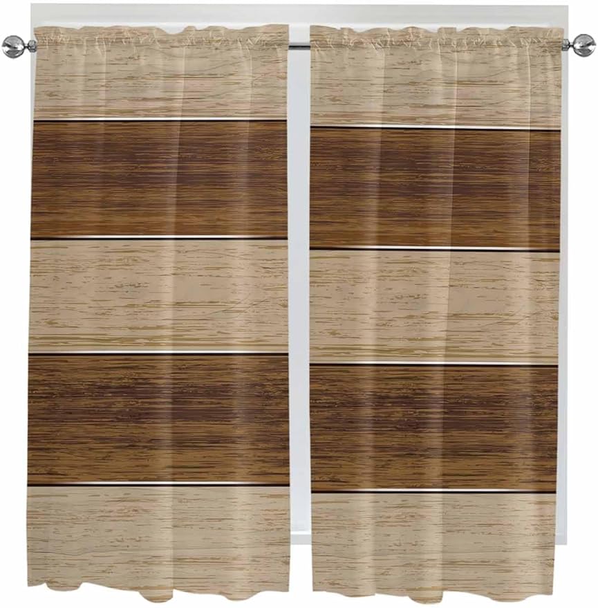 Retro Country Brown Wooden Board Window Valance Curtains, Farmhouse Gradient Plank Light Filtering Kitchen Valance with 3-inch Rod Pocket for Living Room Bathroom Bedroom,2 Panel,42x63In