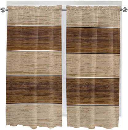 Retro Country Brown Wooden Board Window Valance Curtains, Farmhouse Gradient Plank Light Filtering Kitchen Valance with 3-inch Rod Pocket for Living Room Bathroom Bedroom,2 Panel,42x63In