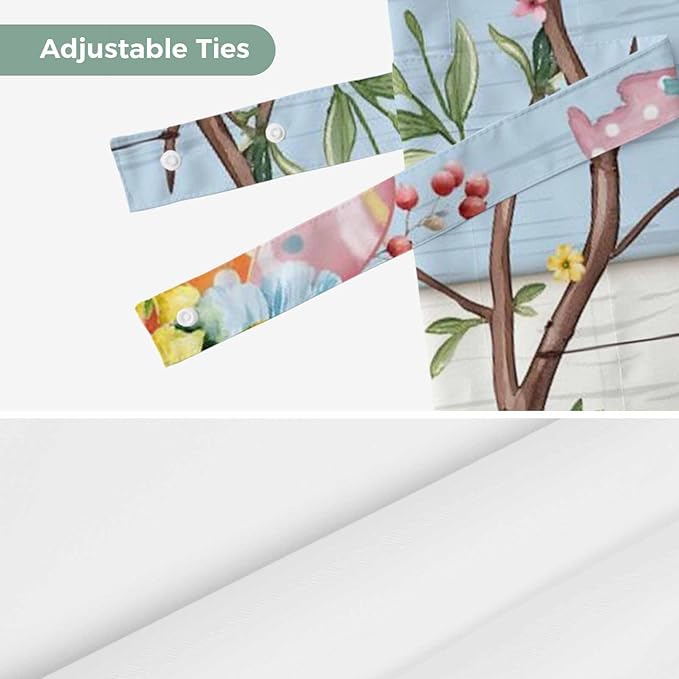 Easter Tie Up Valance Curtains for Windows, Kitchen Curtains Window Shades, Spring Watercolor Bunny Eggs Wood Grain Teal Blue Light Filtering Roman Curtain Valances for Bedroom/Bathroom/Cafe 54"x18"