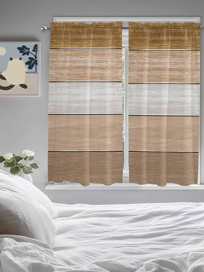 Retro Farm Wood Board Window Valance Curtains, Brown Graduality Striped Light Filtering Kitchen Valance with 3-inch Rod Pocket for Living Room Bathroom Bedroom,2 Panel,52x72In