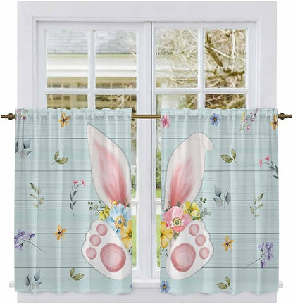 Easter Kitchen Curtains 45 Inch Long 2 Panel Set, Rod Pocket Window Treatment, Spring Rabbits Ears Feet Flowers Wooden Grain Light Filtering Panels Short Drapes for Bathroom Camper 42"W x 45"L