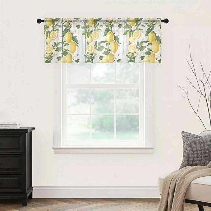 Spring Summer Lemon Sheer Valance Curtains, Leaf Flower White Wood Grain Light Filtering Kitchen Valances Rod Pocket Voile Curtain Window Treatment for Bedroom/Living Room/Basement 54Wx18L