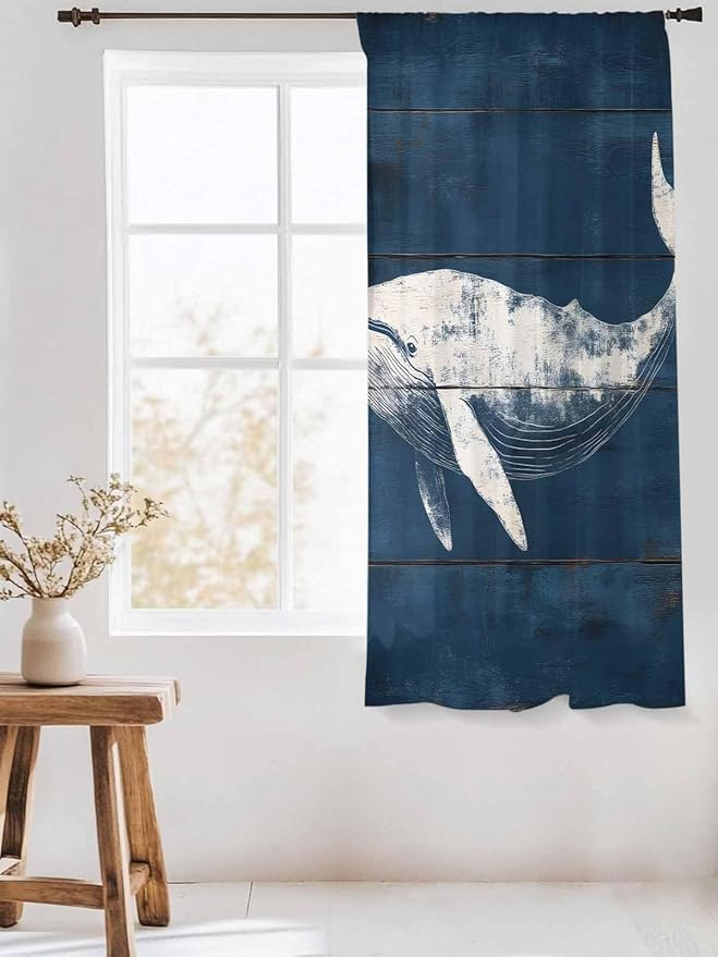 Sheer Curtains 72 Inches Long, Summer Whale Semi Sheer Curtains Light Filtering Window Treatment, Ocean Vintage Wooden Grain Blue Privacy Voile Drapes for Living Room Bedroom 52x72 Inch