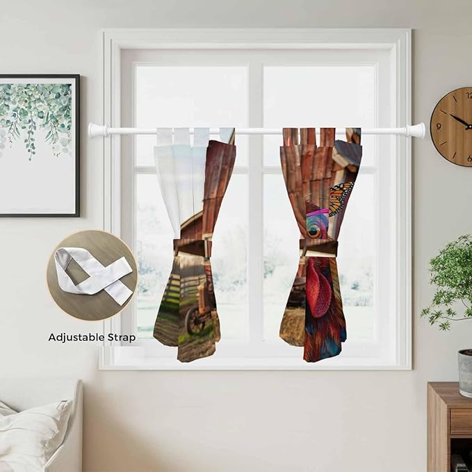 Farm Rooster Kitchen Curtains 45 Inch Length, Short Cafe Window Curtains Tab Top, Farmhouse Barn Funny Animals Butterfly Light Filtering Window Treatments Tier Drapes 27.5"x45" 2 Panel