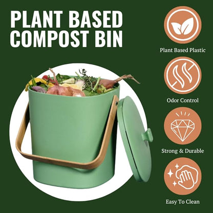 Bamboozle Countertop Compost Bin Kitchen | 1 Gallon | Odorless Composting Bin with Filters | Indoor Compost Bin with Lid | Plant Based Kitchen Composter for Food Scraps & Waste Recycling | Avocado