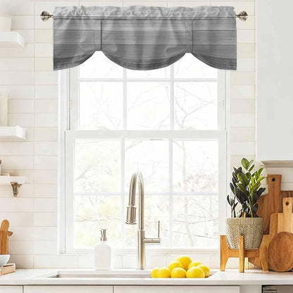 Grey Ombre Wooden Tie Up Valance Curtains for Windows, Kitchen Curtains Window Shades, Farmhouse Retro Gray Wood Gradient Light Filtering Roman Curtain Valances for Bedroom/Bathroom/Cafe 54"x18"