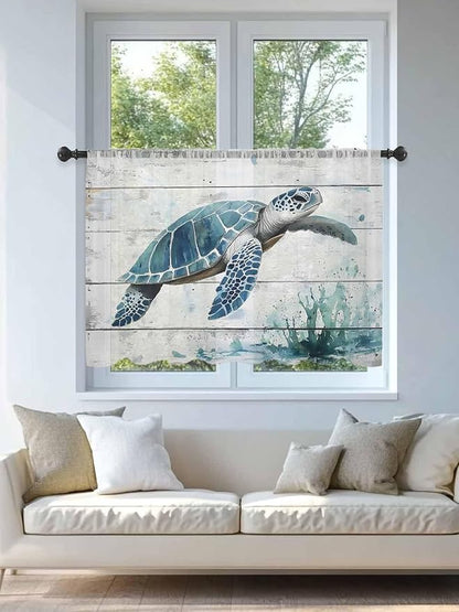 Sheer Curtains 54 Inch Length, Teal Green Sea Turtle Semi Sheer Curtains Light Filtering Window Treatment, Summer Ocean Vintage Wood Grain Privacy Voile Drapes for Living Room Bedroom 52x54 Inch