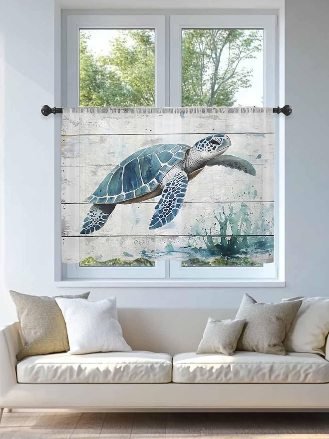 Sheer Curtains 45 Inch Length, Teal Green Sea Turtle Semi Sheer Curtains Light Filtering Window Treatment, Summer Ocean Vintage Wood Grain Privacy Voile Drapes for Living Room Bedroom 52x45 Inch