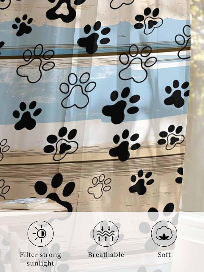 Sheer Curtains 54 Inch Length, Blue Dog Paw Print Semi Sheer Curtains Light Filtering Window Treatment, Vintage Farmhouse Rustic Wooden Grain Privacy Voile Drapes for Living Room Bedroom 52x54 Inch