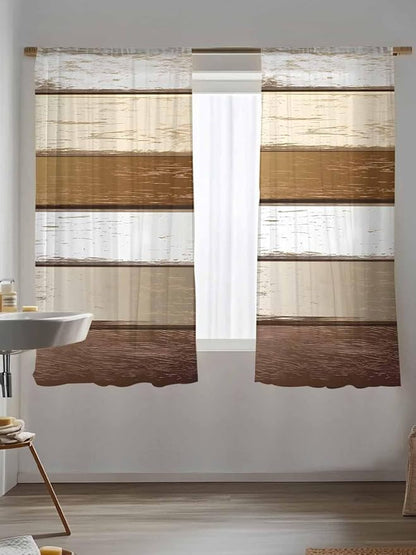 Sheer Curtains 72 Inches Long, Vintage Geometric Brown Semi Sheer Curtains Light Filtering Window Treatment, Farmhouse Country Chic Wood Grain Privacy Voile Drapes for Living Room Bedroom 52x72 Inch