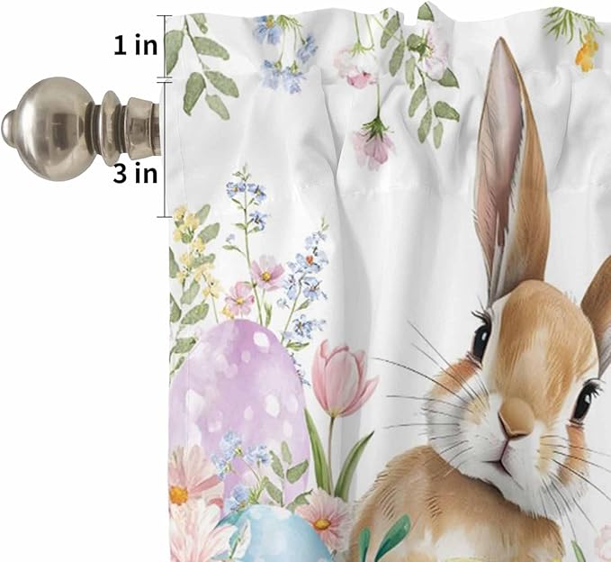 Kitchen Curtains Tiers and Valance Set of 3, Easter Light Filtering Window Curtain Set, Spring Rabbit Colorful Eggs Budding Florals Leaf Rod Pocket Curtain Drapes for Living Room, 24 Inches Tiers