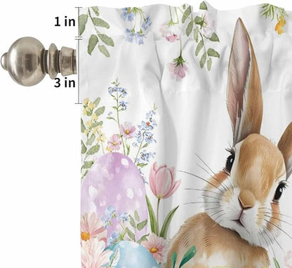 Kitchen Curtains Tiers and Valance Set of 3, Easter Light Filtering Window Curtain Set, Spring Rabbit Colorful Eggs Budding Florals Leaf Rod Pocket Curtain Drapes for Living Room, 36 Inches Tiers