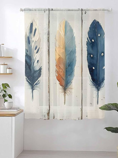 Sheer Curtains 63 Inch Length, Blue Brown Feathers Semi Sheer Curtains Light Filtering Window Treatment, Boho Ombre Vintage Wooden Grain Privacy Voile Drapes for Living Room Bedroom 52x63 Inch