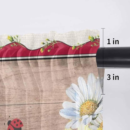Ladybug Gnome Sheer Valance Curtains, Country Summer Rustic White Yellow Daisy Floral Wood Grain Light Filtering Kitchen Valances Rod Pocket Voile Curtain for Bedroom/Living Room/Basement 42Wx12L