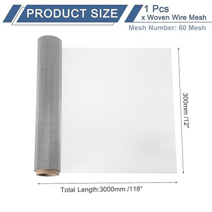 uxcell 60 Mesh 118" x 12" Woven Wire Mesh, 304 Stainless Steel Air Vent Filter Screen, Window Screen Mesh for DIY Projects Vents Cover Filtration Animals Fence