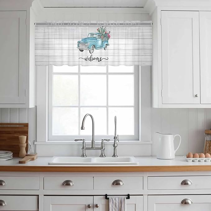 Welcome Sheer Valance Curtains, Summer Car with Cactus Succulents Grey Wood Grain Light Filtering Kitchen Valances Rod Pocket Voile Curtain Window Treatment for Bedroom/Living Room/Basement 60Wx18L