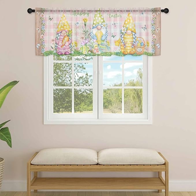 Happy Easter Sheer Valances for Windows 42"x12", Light Filtering Kitchen Curtains Valance, Spring Gnomes Duck Floral Eggs Pink Plaid Rod Pocket Chiffon Curtains for Living Room Bedroom Cafe