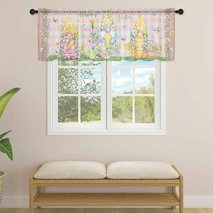 Happy Easter Sheer Valances for Windows 42"x12", Light Filtering Kitchen Curtains Valance, Spring Gnomes Duck Floral Eggs Pink Plaid Rod Pocket Chiffon Curtains for Living Room Bedroom Cafe