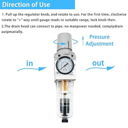 XingNEeng 1/4" NPT Compressed Air Filter Regulator Combo Piggyback, Water/Oil Trap Separator with Pressure Gauge(0-150 psi), Auto Drain, Poly Bowl, 5 Micron Brass Element, Metal Bracket