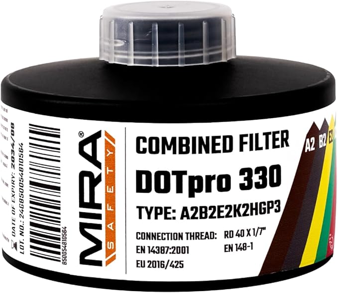 MIRA Safety - DotPro 330 - Industrial Grade Gas Mask Filter | A2 B2 E2 K2 HG P3 Filter Rating | Long Shelf Life | 40mm NATO Filter | Fits CBRN Gas Masks (Pack of 4)