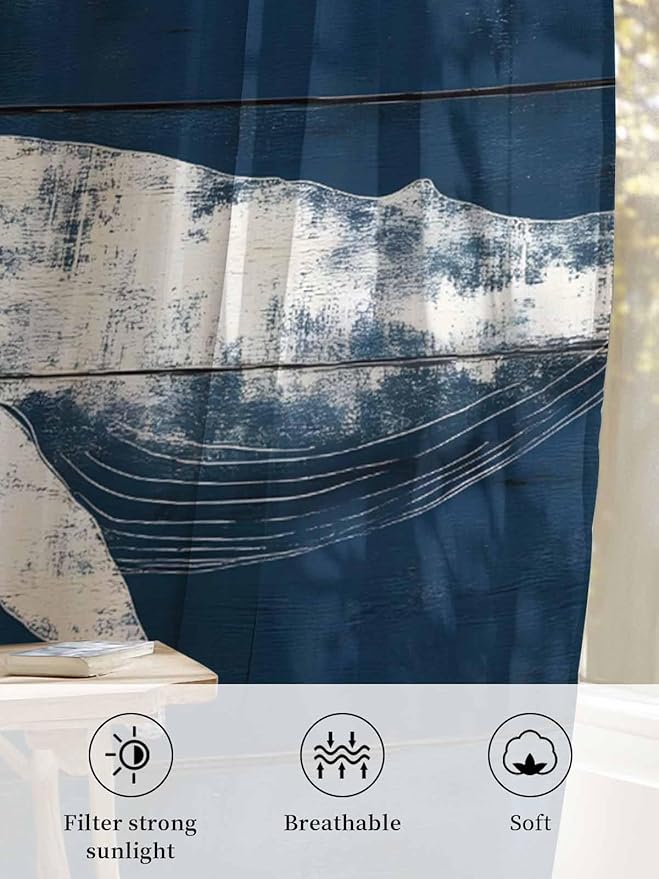 Sheer Curtains 72 Inches Long, Summer Whale Semi Sheer Curtains Light Filtering Window Treatment, Ocean Vintage Wooden Grain Blue Privacy Voile Drapes for Living Room Bedroom 52x72 Inch