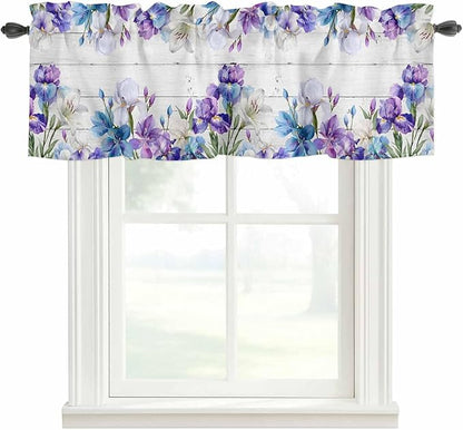 Spring Flowers Curtain Valances for Windows, Kitchen Valance Window Treatment, Watercolor Garden Florals Wooden Grain Light Filtering Block Curtains for Bathroom/Bedroom/Living Room 54'' x 18''
