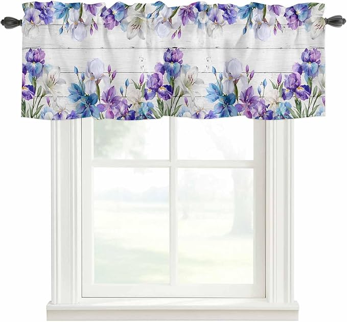 Spring Flowers Curtain Valances for Windows, Kitchen Valance Window Treatment, Watercolor Garden Florals Wooden Grain Light Filtering Block Curtains for Bathroom/Bedroom/Living Room 42'' x 18''