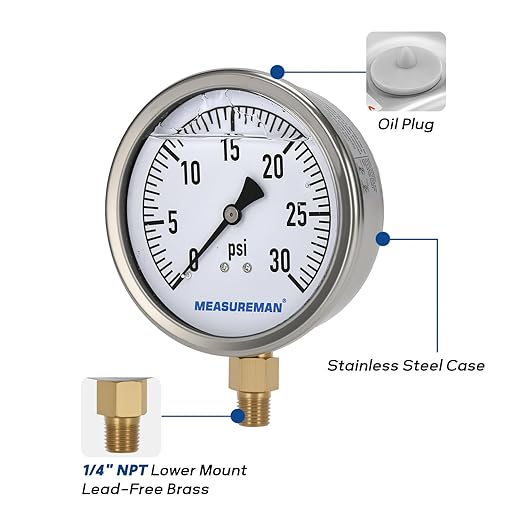 MEASUREMAN Glycerin Filled Plumbing Pressure Gauge 0-30psi Stainless Steel Case, 4" Dial 1/4" NPT Brass Lower Mount, Ideal for Residential Plumbing, Water Filtration Systems, Pneumatic Machinery
