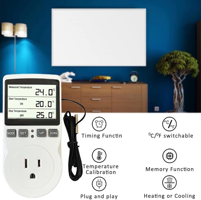 Plug in Thermostat Temperature Controller Electric Digital Thermostat Heating Cooling Mode Timer White