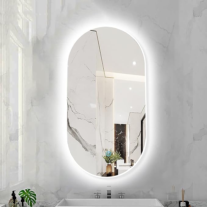 Oval LED Illuminated Bathroom Mirror, Wall-mounted Vanity Makeup Mirror with Demister Pad, 3 Dimmable Color Temperatures & Touch Control, Metal Frame Anti-Fog Lighted Wall Mirror ( Color : White Frame