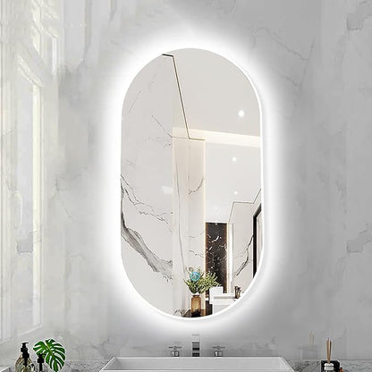 Oval LED Illuminated Bathroom Mirror, Wall-mounted Vanity Makeup Mirror with Demister Pad, 3 Dimmable Color Temperatures & Touch Control, Metal Frame Anti-Fog Lighted Wall Mirror ( Color : White Frame