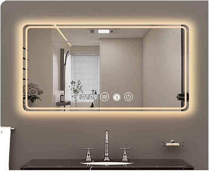 Smart Lighted Bathroom Mirror for Wall，Illuminated LED Bathroom Mirror，Lighted Bathroom Makeup，Waterproof，Shatterproof，with Touch Sensor/Dimming/Demister pad(H70*W90cm/H27.6*W35.4IN)