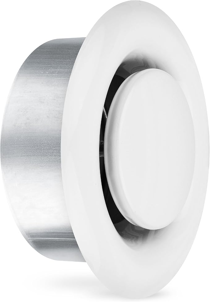 calimaero® TVSA 4 Inch AC Vent Cover Round Adjustable Steel Air Vent Deflector Inline Bathroom Air Duct Vent Cover Grille Exhaust White RAL 9016 HVAC