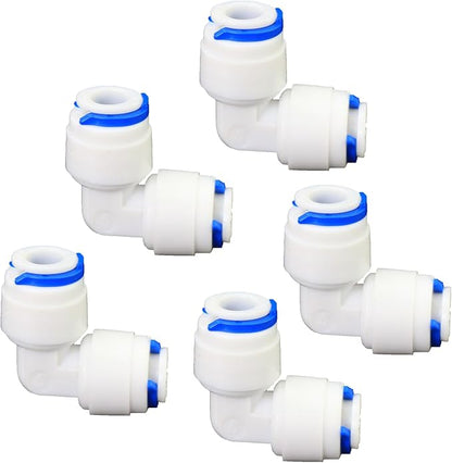 5 Pack 1/4 Inch Quick Connect Fittings - Combo of 90 Degree Elbow & Straight Push-In Adapters, Compatible with Reverse Osmosis (RO) Systems, Water Filter Purifiers, Under Sink Plumbing