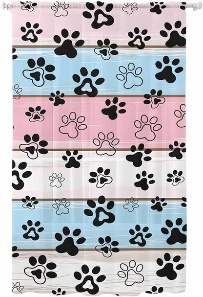 Sheer Curtains 84 Inches Long, Pink Blue Paw Print Semi Sheer Curtains Light Filtering Window Treatment, Vintage Farmhouse Wooden Grain Privacy Voile Drapes for Living Room Bedroom 52x84 Inch