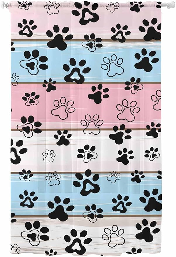 Sheer Curtains 96 Inches Long, Pink Blue Paw Print Semi Sheer Curtains Light Filtering Window Treatment, Vintage Farmhouse Wooden Grain Privacy Voile Drapes for Living Room Bedroom 52x96 Inch