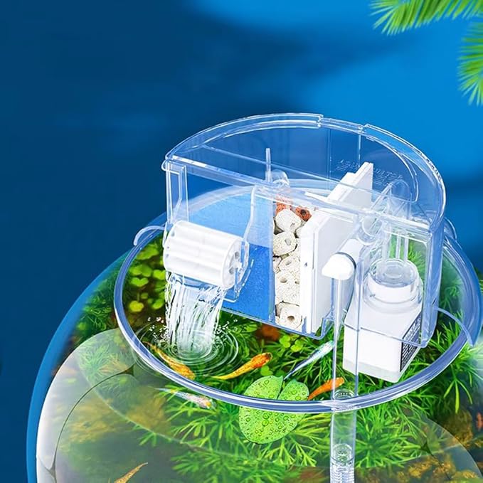 HIERYAN Circular Fish Tank Filter, Aquarium Hang on Filter, Small Fish Tank Filter with Biochemical Sponge, Suitable for a Circular Fish Tank with a Diameter of 5.35″ - 7″