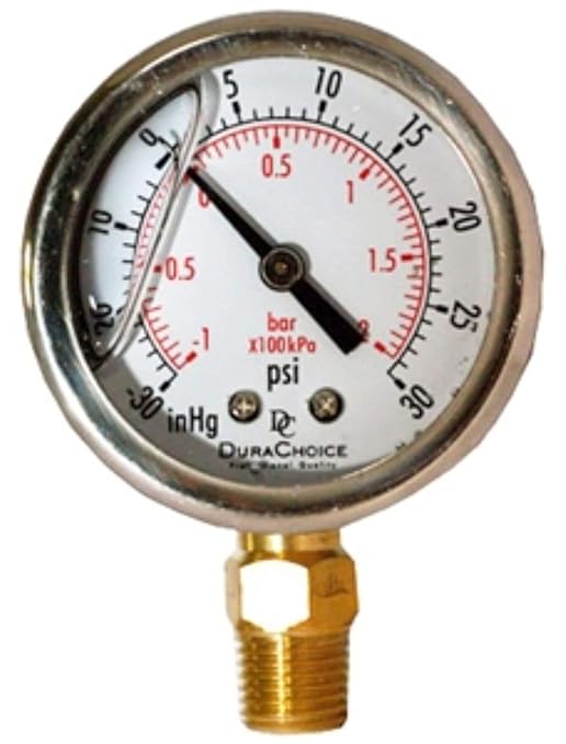 2-1/2" Oil Filled Vacuum Pressure Gauge - Stainless Steel Case, Brass, 1/4" NPT, Lower Mount Connection, 30HG/15PSI