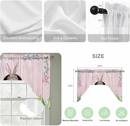 Swag Valance Curtains, Easter Cute Rabbit and Colorful Eggs Rod Pocket Valances Swag Topper for Kitchen Windows, Pink Farm Wooden Barn Light Filtering Short Curtain for Bedroom Bathroom 56x36In
