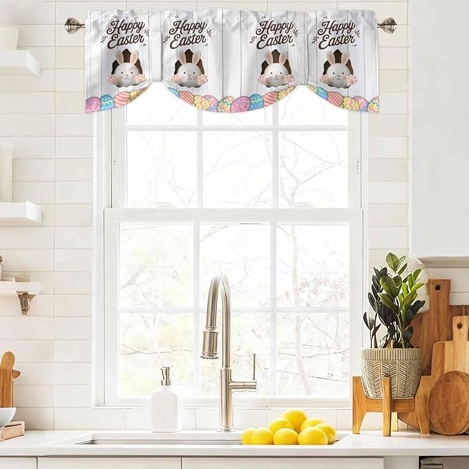 Grey Easter Tie Up Valance Curtains for Windows, Kitchen Curtains Window Shades, Spring Cartoon Bunny Colorful Eggs Wood Grain Light Filtering Roman Curtain Valances for Bedroom/Bathroom/Cafe 42"x18"