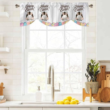 Grey Easter Tie Up Valance Curtains for Windows, Kitchen Curtains Window Shades, Spring Cartoon Bunny Colorful Eggs Wood Grain Light Filtering Roman Curtain Valances for Bedroom/Bathroom/Cafe 42"x18"