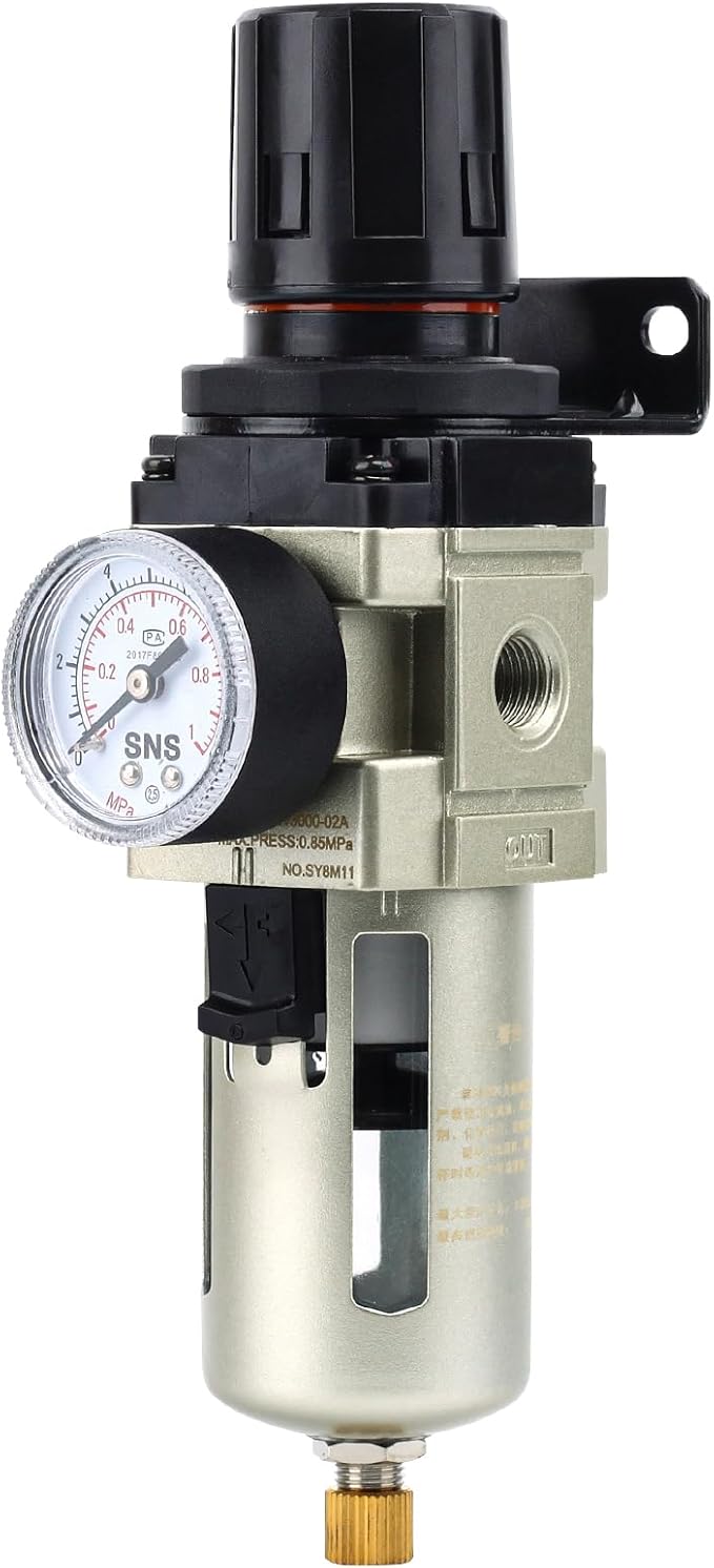 SNS 1/4''NPT Compressed Air Compressor Pressure Filter Regulator Piggyback Combo - Poly Bowl with Metal Guard, Semi-auto Drain, Bracket, with Gauge AW3000-N02A